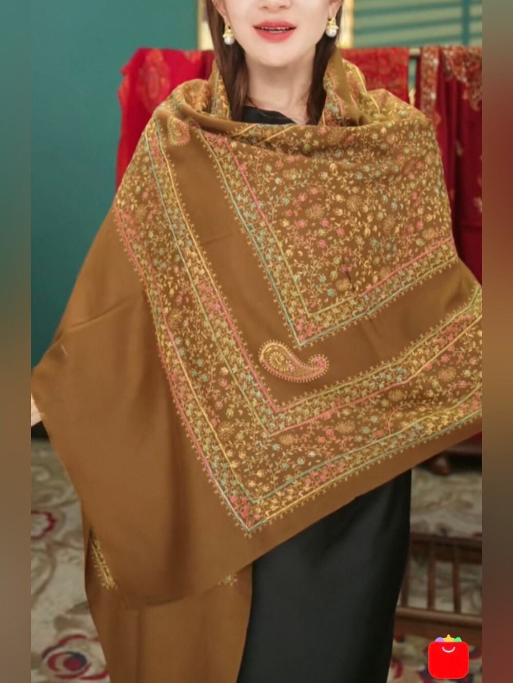 NWOT Women Hand Embroidered 100% Cashmere Shawl Wrap Scarf, Brown